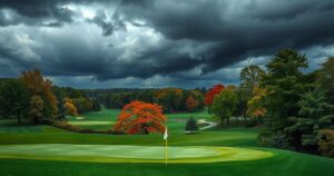 Golf course at Oakmont under cloudy skies with rain-muffled colors, evoking a dramatic scene of a stormy tournament.