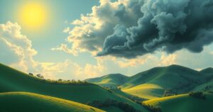 A vibrant landscape showing mixed weather in Ghana with sunny skies and distant thunderclouds over hills and forests.