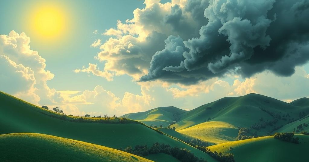 A vibrant landscape showing mixed weather in Ghana with sunny skies and distant thunderclouds over hills and forests.