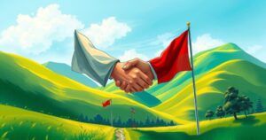 A peaceful landscape depicting a handshake between Congo and Rwanda flags amidst green hills and blue skies.