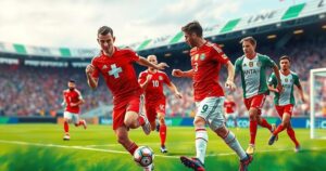 A vibrant soccer scene with Swiss and Mexican colors, capturing the spirit of teamwork and friendly competition.