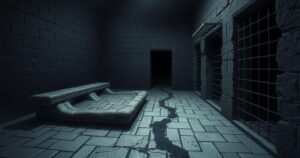 Dark prison cell with stone walls and a dingy floor, symbolizing confinement and despair in a legal battle.