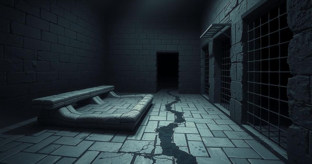 Dark prison cell with stone walls and a dingy floor, symbolizing confinement and despair in a legal battle.