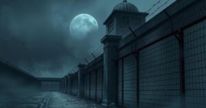 A somber prison landscape with barbed wire, depicting a lack of communication and looming uncertainty for families.