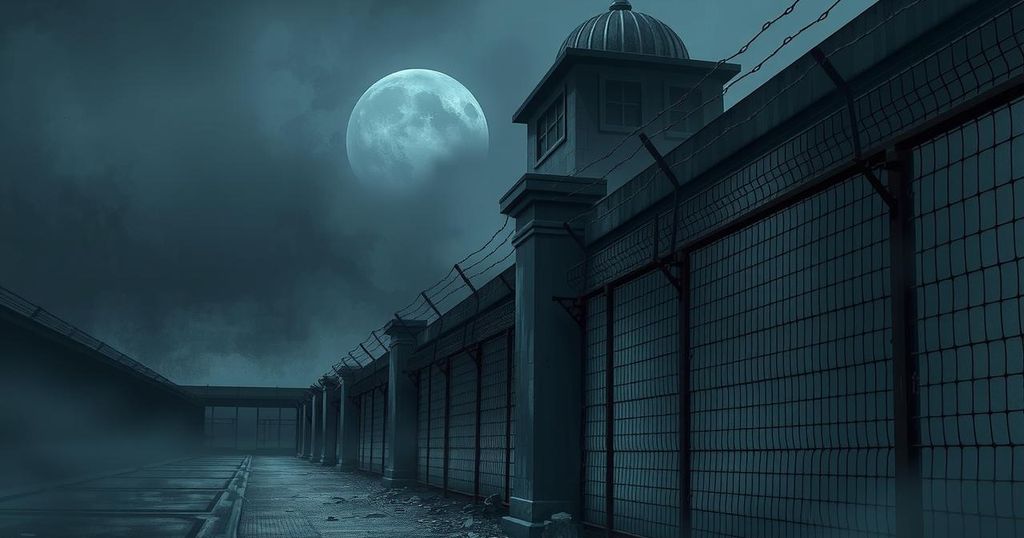 A somber prison landscape with barbed wire, depicting a lack of communication and looming uncertainty for families.