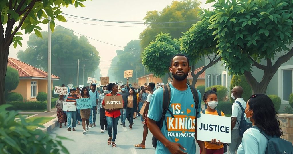 A peaceful street scene in Nairobi with protesters holding signs and banners, surrounded by trees and buildings.