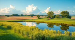Calm summer landscape in Missouri, featuring lush greenery, serene water bodies, and bright blue skies.