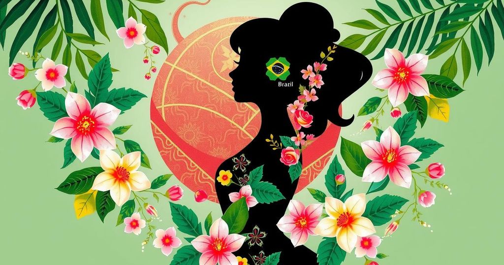 Colorful artistic representation of a princess silhouette with elements from Brazil and Japan, emphasizing cultural beauty.