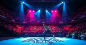 Cody Rhodes and Randy Orton on stage with dramatic lighting during a wrestling event