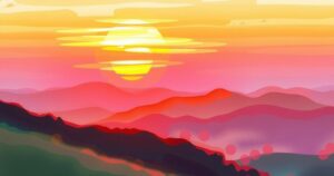 A vibrant sunset over rolling hills, symbolizing peace and harmony after conflict, in a serene landscape.