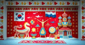Cultural exchange event backdrop depicting North Korean and Russian symbols with vivid colors.
