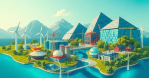 A vibrant view of global market sectors like renewable energy, manufacturing, and infrastructure, showcasing opportunities.
