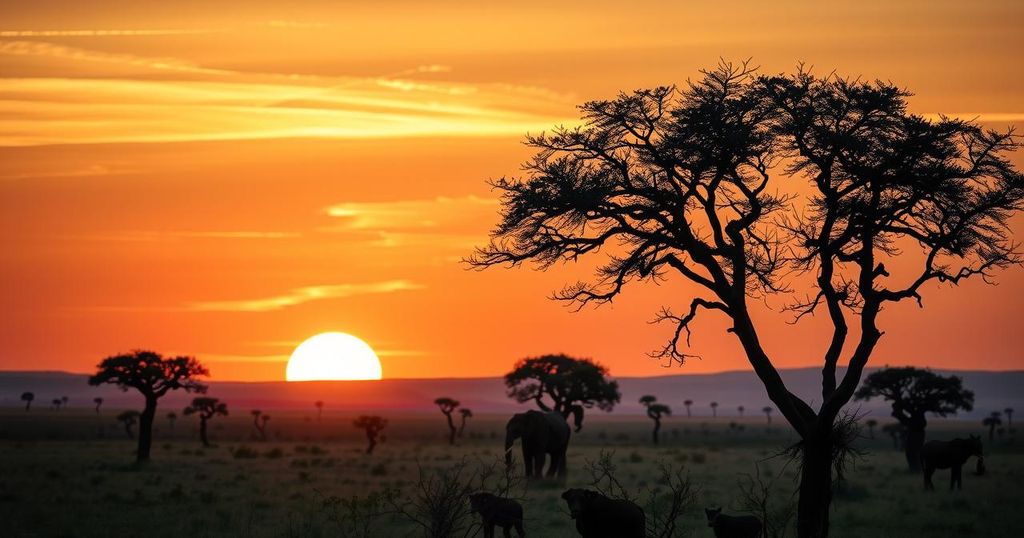 A serene sunset over a Kenyan landscape with acacia trees, showcasing warm golden and orange hues.