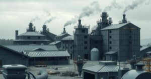 Dark, industrial scene showing a drone manufacturing facility surrounded by dormitories and equipment under a gray sky.