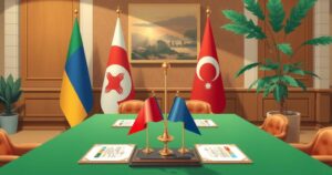 A diplomatic table with national symbols and documents representing peace agreements between Rwanda and DRC.