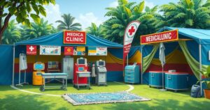 Free clinic in Maputo showcasing healthcare professionals assisting local residents with medical services.