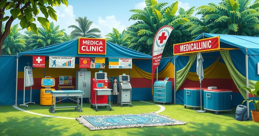 Free clinic in Maputo showcasing healthcare professionals assisting local residents with medical services.