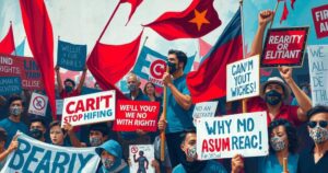 Protest scene with banners and signs symbolizing resistance against oppression and advocating for human rights.