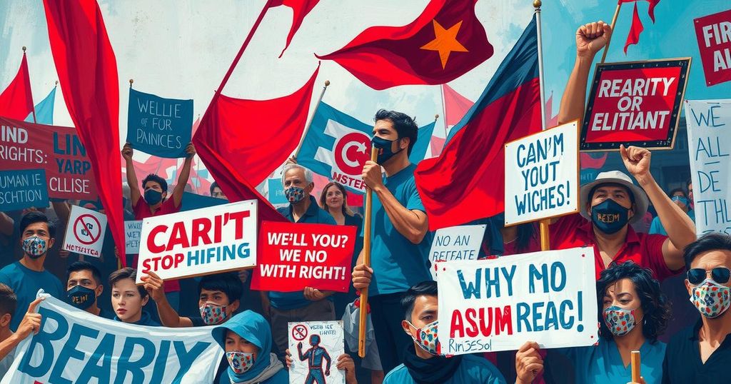 Protest scene with banners and signs symbolizing resistance against oppression and advocating for human rights.