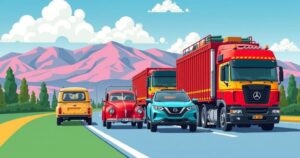 Moroccan road safety tips for Eid Al Adha travel with vehicles and safety equipment against a colorful background.