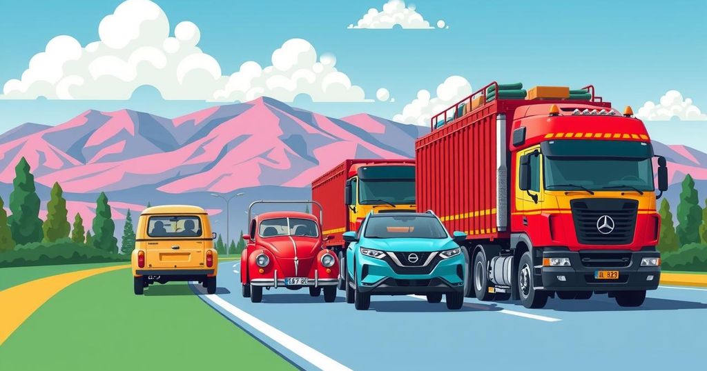 Moroccan road safety tips for Eid Al Adha travel with vehicles and safety equipment against a colorful background.