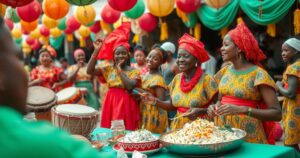 A vibrant scene depicting cultural celebration in Togo, showcasing traditional attire, music, and local cuisine.