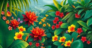 Colorful Brazilian landscape featuring tropical foliage, vibrant flowers, and lush greenery in a serene setting.