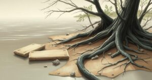 A serene landscape post-flood, with debris, trees, and water merging, conveying resilience and recovery efforts.