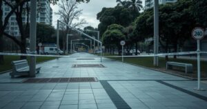 A somber urban landscape showing a park in Bogota with police tape and security presence.