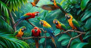 A vibrant rainforest scene showcasing colorful parrots amidst lush greenery, emphasizing nature conservation efforts.