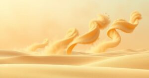 A scenic view of a dusty Kuwaiti landscape with a hazy sky and blowing sand, capturing the intensity of humidity and wind.