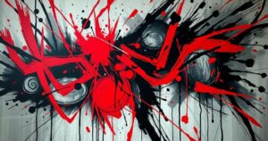 An abstract representation of conflict, featuring dark hues and sharp lines, evoking a sense of tension and chaos.