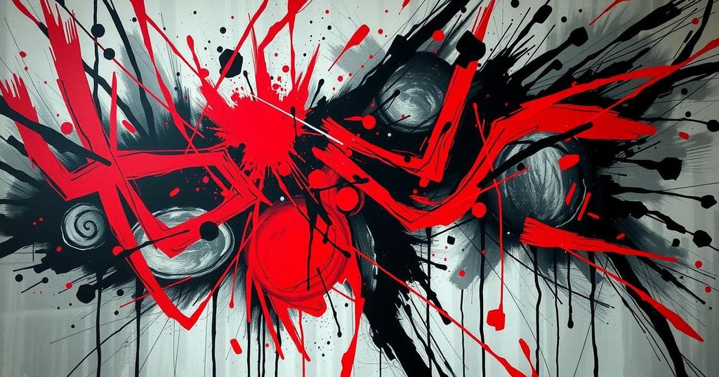 An abstract representation of conflict, featuring dark hues and sharp lines, evoking a sense of tension and chaos.