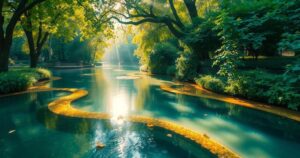 Serene creek scene in a park, lush greenery, soft sunlight filtering through trees, emphasizing nature's tranquility.