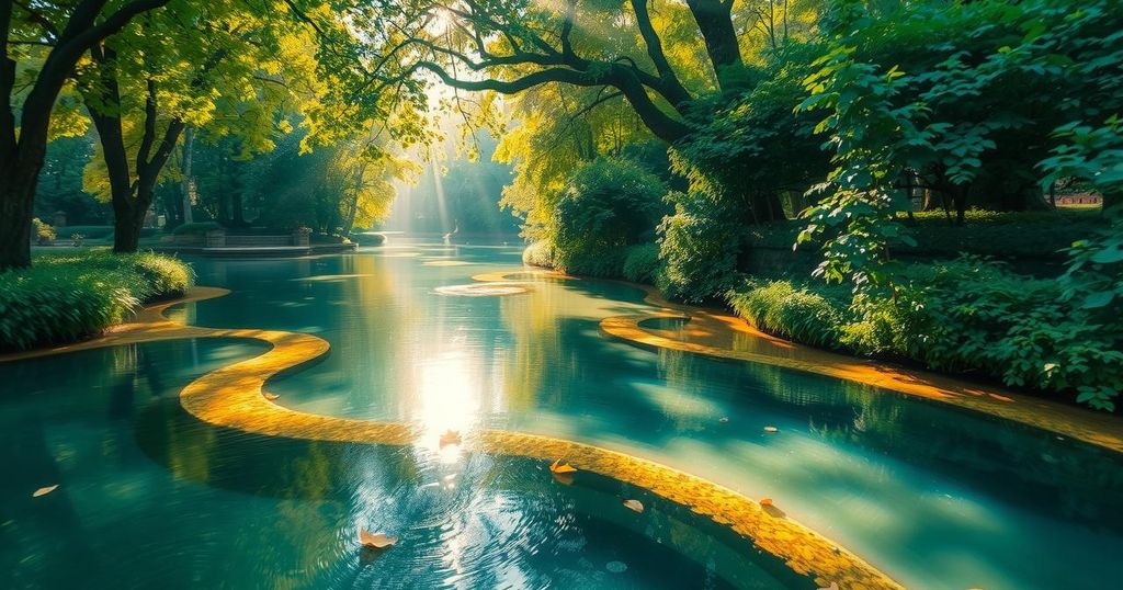 Serene creek scene in a park, lush greenery, soft sunlight filtering through trees, emphasizing nature's tranquility.