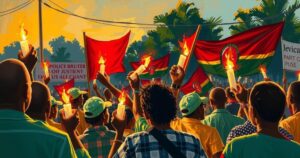 A scene depicting protests with banners and candles for justice in Kenya, bright colors symbolize hope and unity.