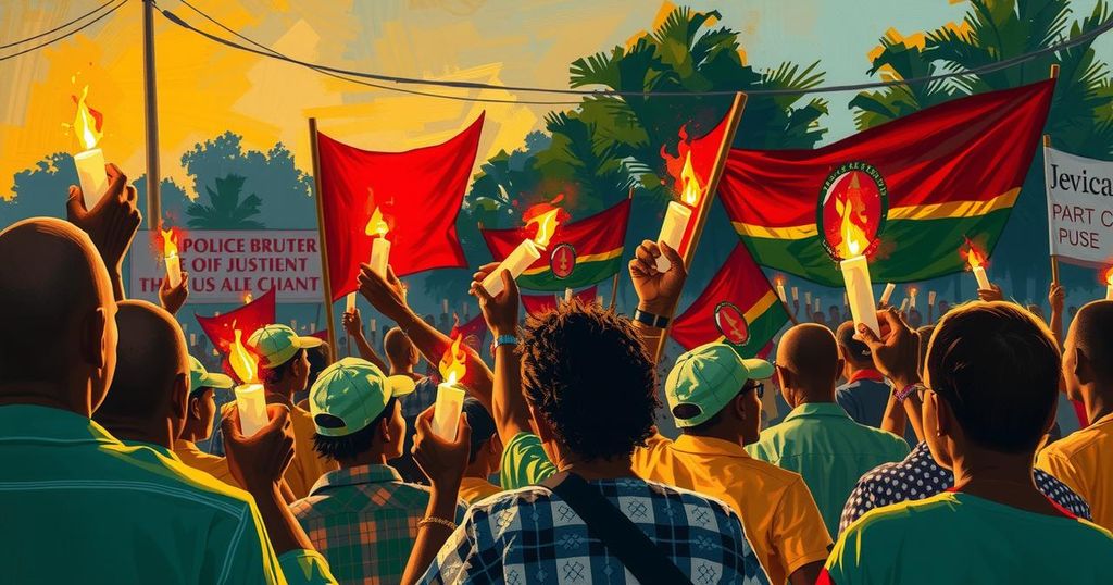 A scene depicting protests with banners and candles for justice in Kenya, bright colors symbolize hope and unity.