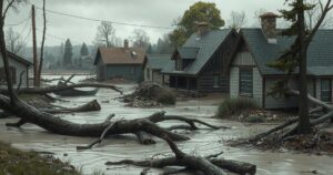 A landscape depicting mud-covered homes, fallen trees, and debris after severe flooding in South Africa, with a somber atmosphere.
