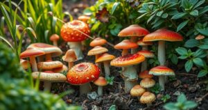 Vibrant mushrooms in a lush green setting, showcasing cultivation with rich soil and natural light, focusing on growth.