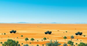 Mali landscape with military silhouettes and Russian flags, representing paramilitary presence and power dynamics.