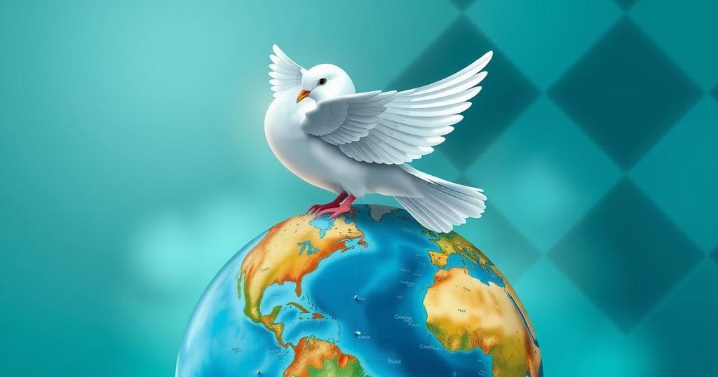 Diplomatic efforts symbolized by a dove over the globe, modern art style with a blue and green color scheme.