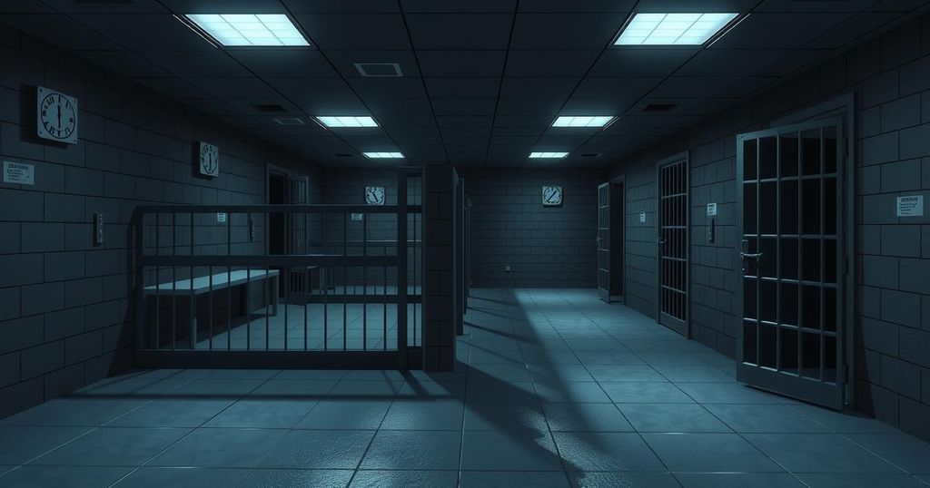 A somber scene of a police station with a focus on empty cells and dark shadows reflecting tension and mystery.