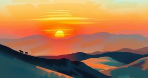A dramatic sunset over Middle Eastern mountains, symbolizing a ceasefire agreement between two nations.