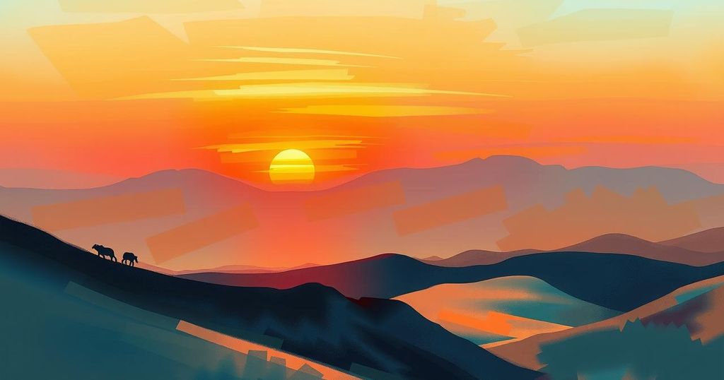 A dramatic sunset over Middle Eastern mountains, symbolizing a ceasefire agreement between two nations.