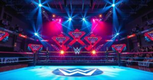 Wrestling arena with a vibrant atmosphere, featuring colorful lights and dynamic stage designs for a wrestling event.