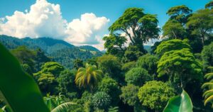 Colorful landscape of Congo's jungles with clouds, symbolizing hope and peace after conflict.