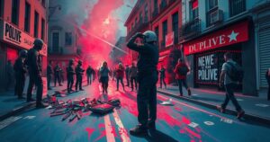 Strong visual representation of urban protest scene with police and civilians amidst tension, depicted in vibrant colors.