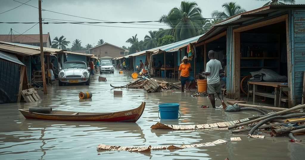 Submerged market area in Nigeria after heavy flooding, showcasing rescue efforts with debris and displaced items.