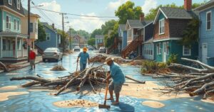 Cleanup scene in Puerto Escondido after storm with flooded streets, debris, and workers clearing the area.