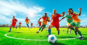 A dynamic soccer scene depicting a women's international match, showcasing teamwork and athleticism on the field.